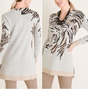 Chico's Tiger Geometric Sweater Cream Tan V Neck Animal Print Boho Womens sz L